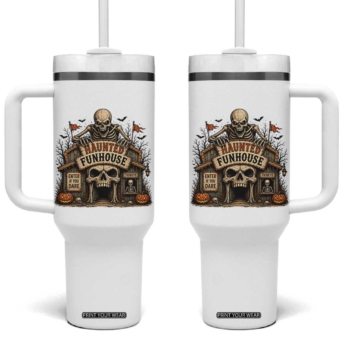 Haunted Funhouse Skeleton Halloween Tumbler With Handle Enter If You Dare Spooky Carnival Gift