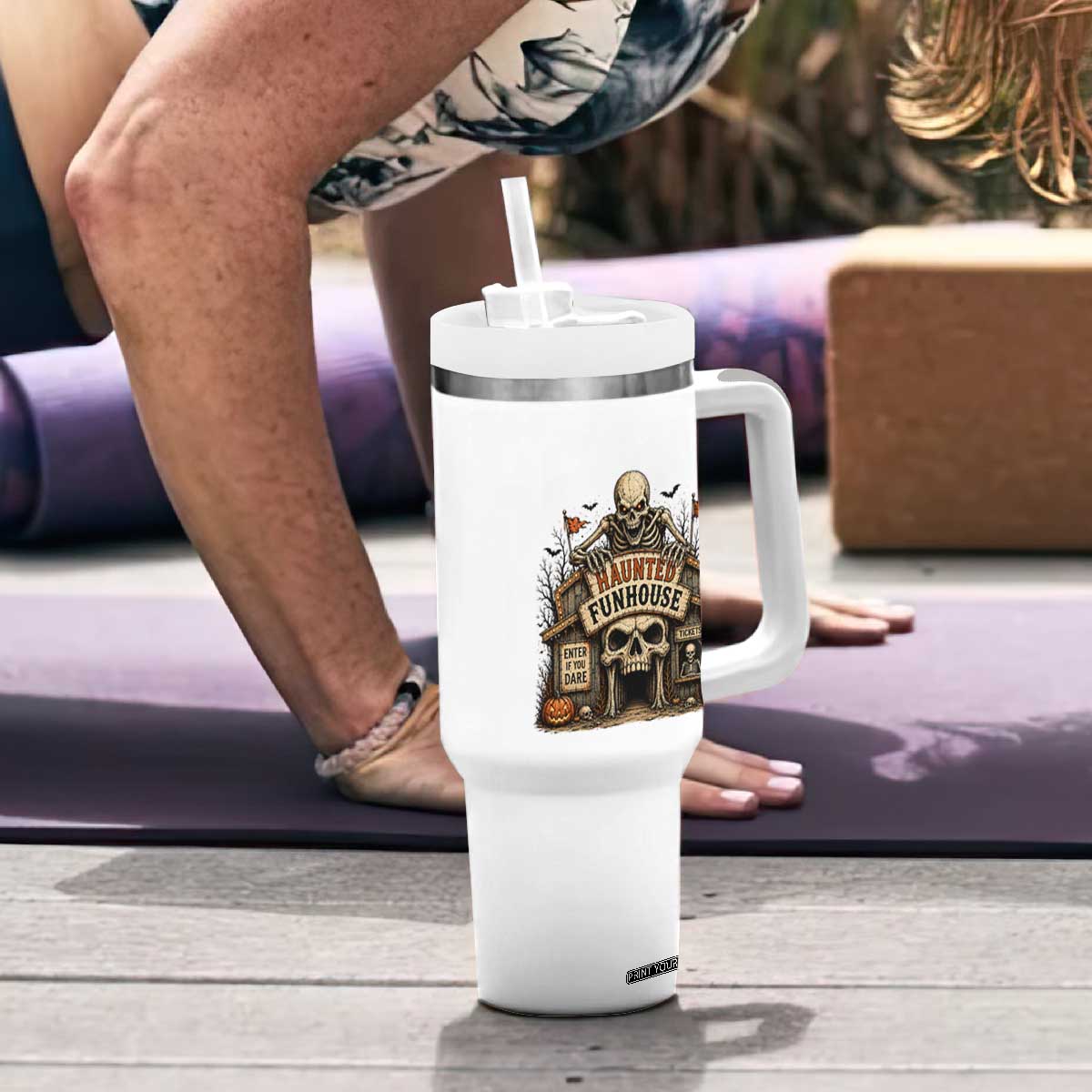 Haunted Funhouse Skeleton Halloween Tumbler With Handle Enter If You Dare Spooky Carnival Gift