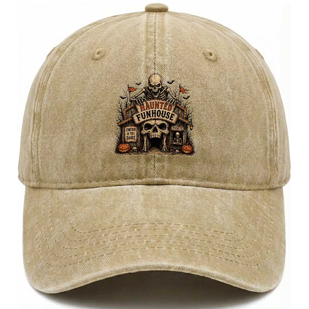 Haunted Funhouse Skeleton Halloween Washed Cotton Baseball Cap Enter If You Dare Spooky Carnival Gift