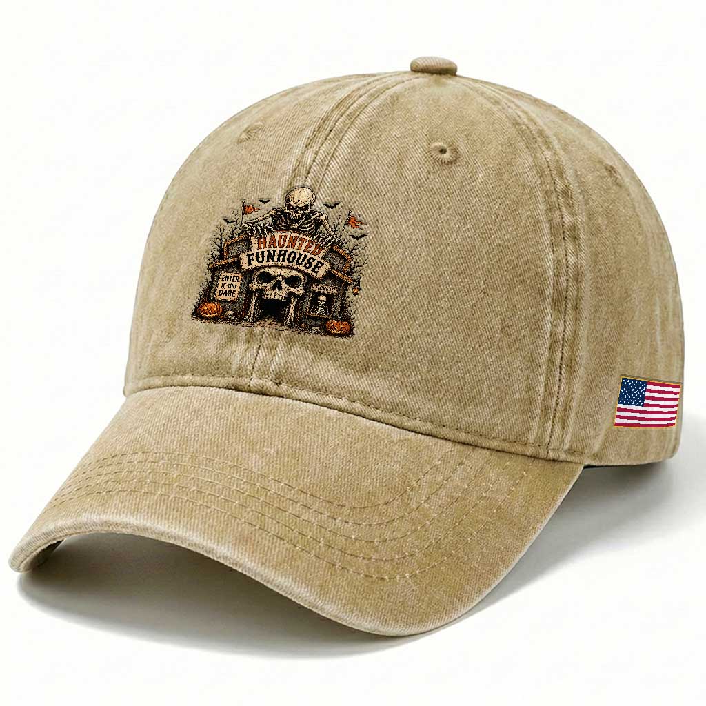 Haunted Funhouse Skeleton Halloween Washed Cotton Baseball Cap Enter If You Dare Spooky Carnival Gift