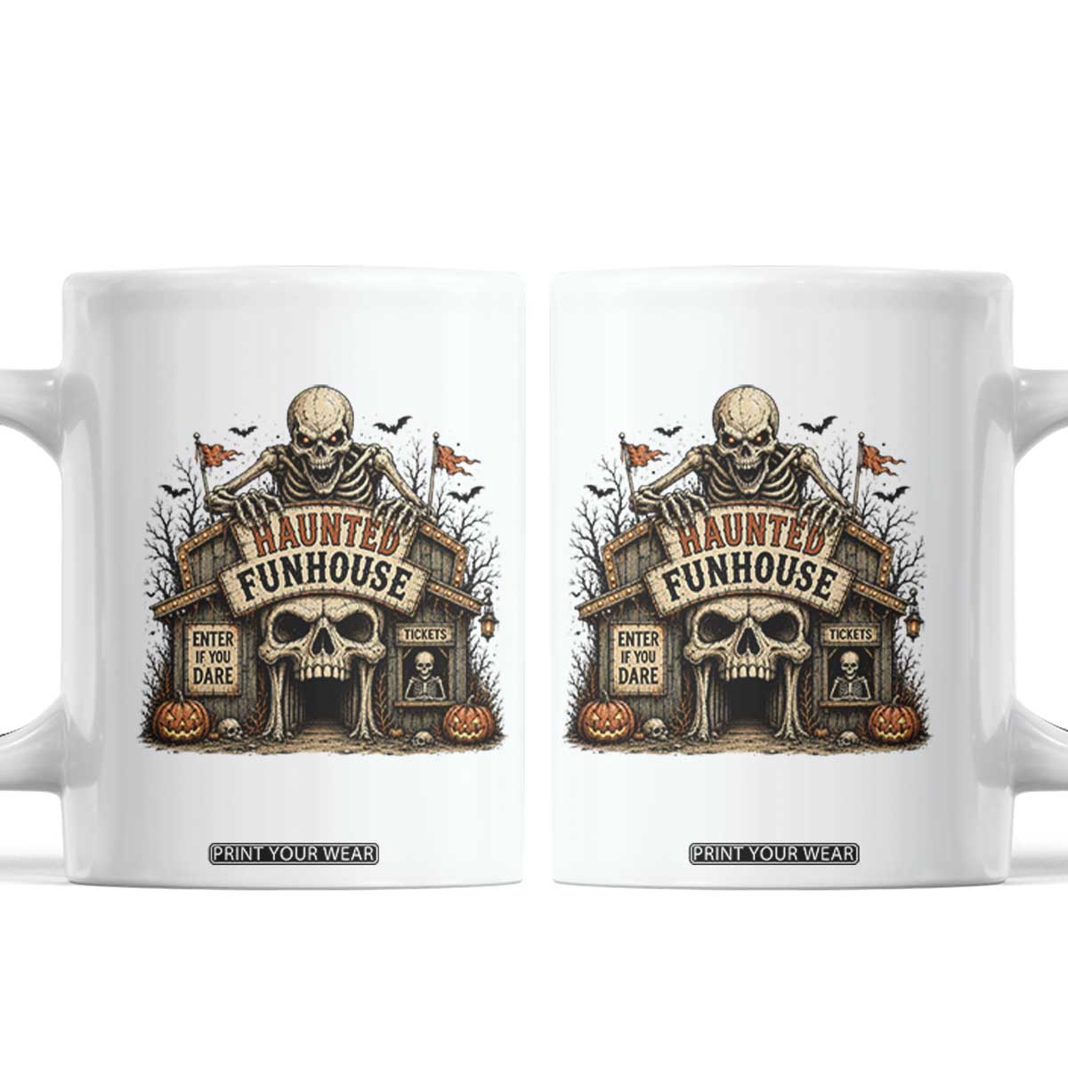 Haunted Funhouse Skeleton Halloween Coffee Mug Enter If You Dare Spooky Carnival Gift