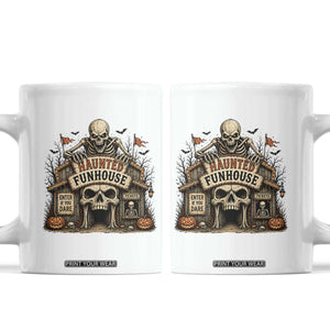 Haunted Funhouse Skeleton Halloween Coffee Mug Enter If You Dare Spooky Carnival Gift