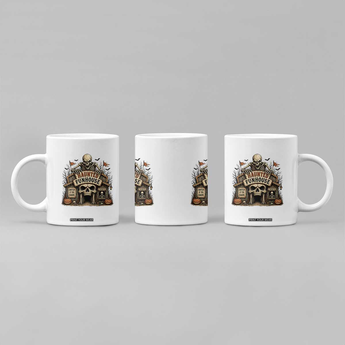 Haunted Funhouse Skeleton Halloween Coffee Mug Enter If You Dare Spooky Carnival Gift