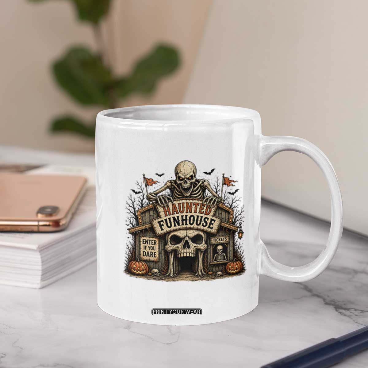 Haunted Funhouse Skeleton Halloween Coffee Mug Enter If You Dare Spooky Carnival Gift