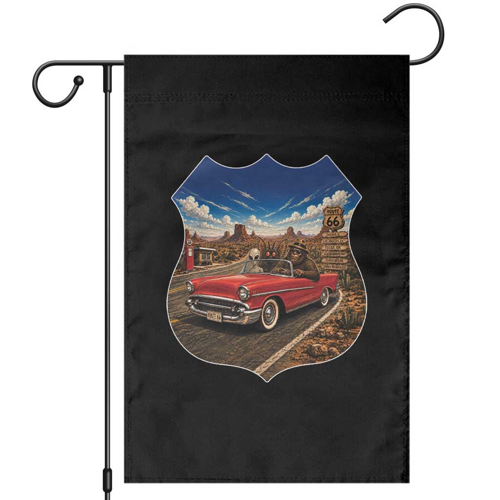Funny Route Highway 66 Cryptid Bigfoot Mothman Alien Garden Flag Sci Fi Road Trip Mystery Travel Gift