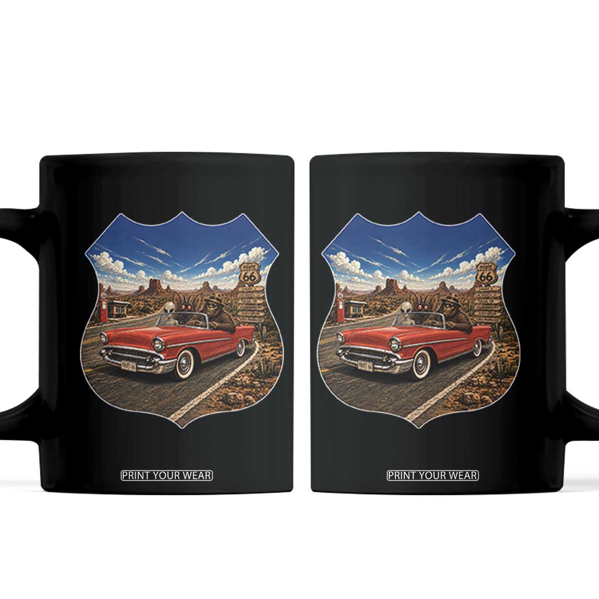 Funny Route Highway 66 Cryptid Bigfoot Mothman Alien Coffee Mug Sci Fi Road Trip Mystery Travel Gift