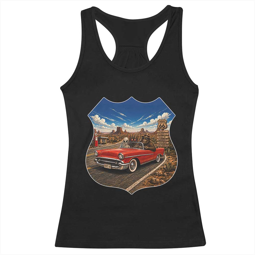 Funny Route Highway 66 Cryptid Bigfoot Mothman Alien Racerback Tank Top Sci Fi Road Trip Mystery Travel Gift