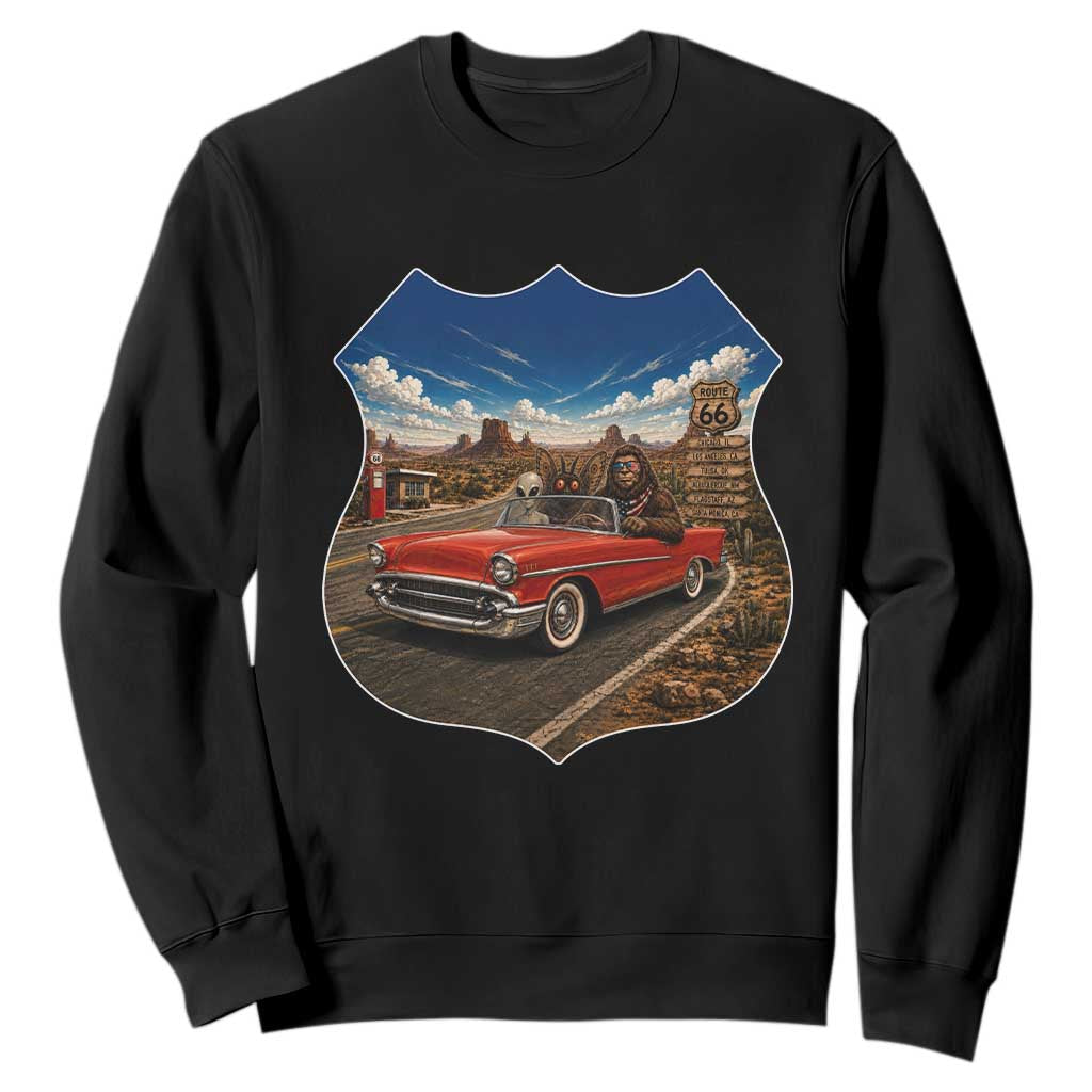 Funny Route Highway 66 Cryptid Bigfoot Mothman Alien Sweatshirt Sci Fi Road Trip Mystery Travel Gift