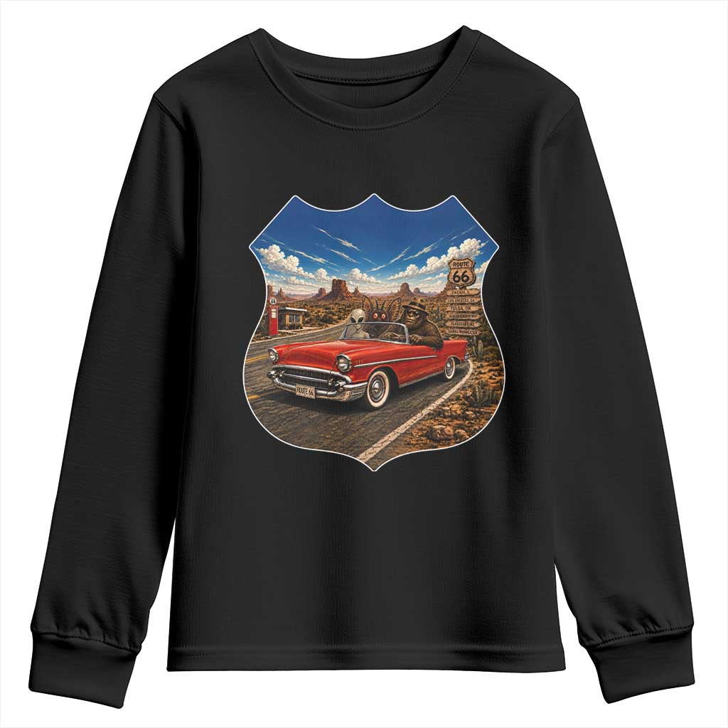 Funny Route Highway 66 Cryptid Bigfoot Mothman Alien Youth Sweatshirt Sci Fi Road Trip Mystery Travel Gift