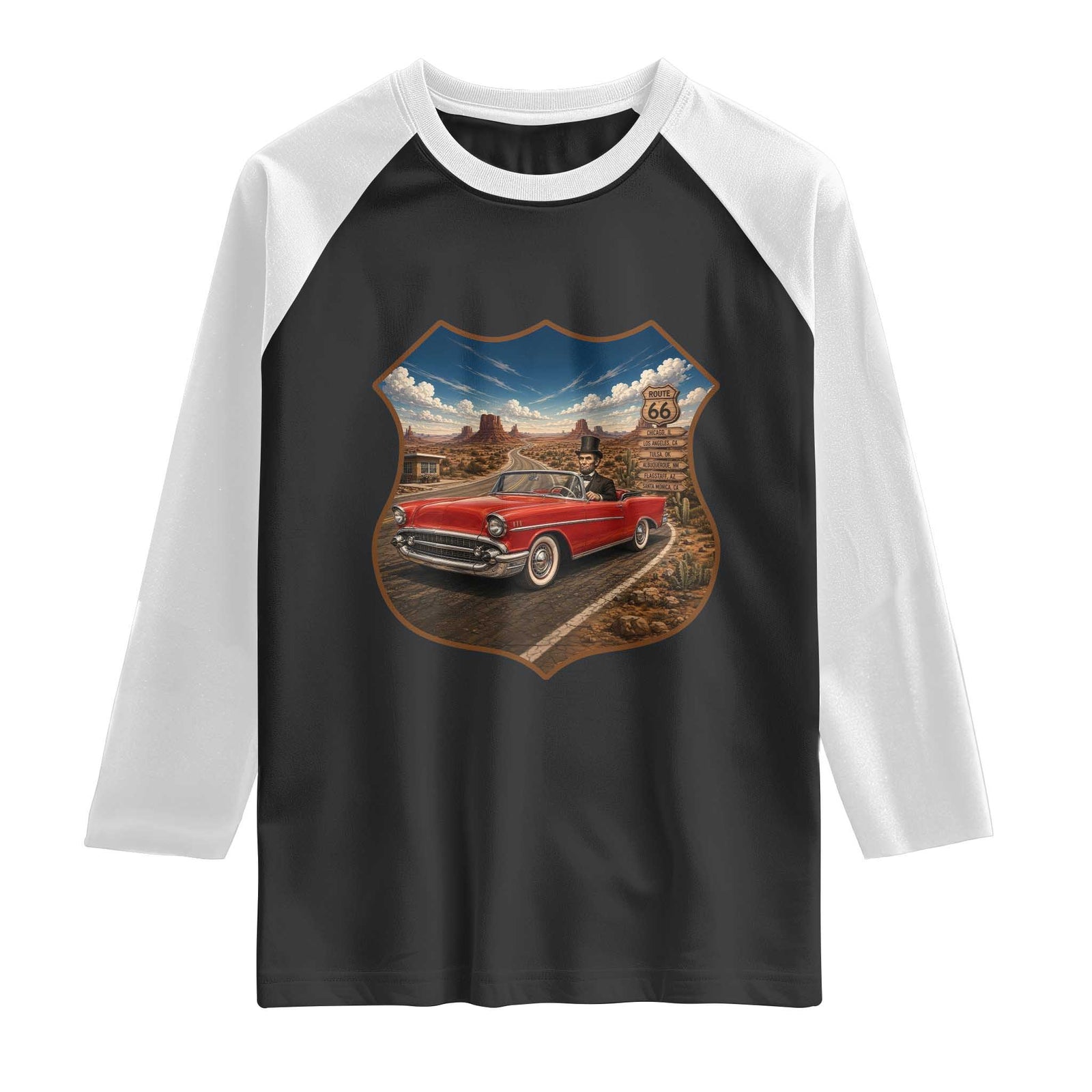 Funny Abraham Lincoln Route Highway 66 Raglan Shirt Historical Parody Patriotic Road Trip