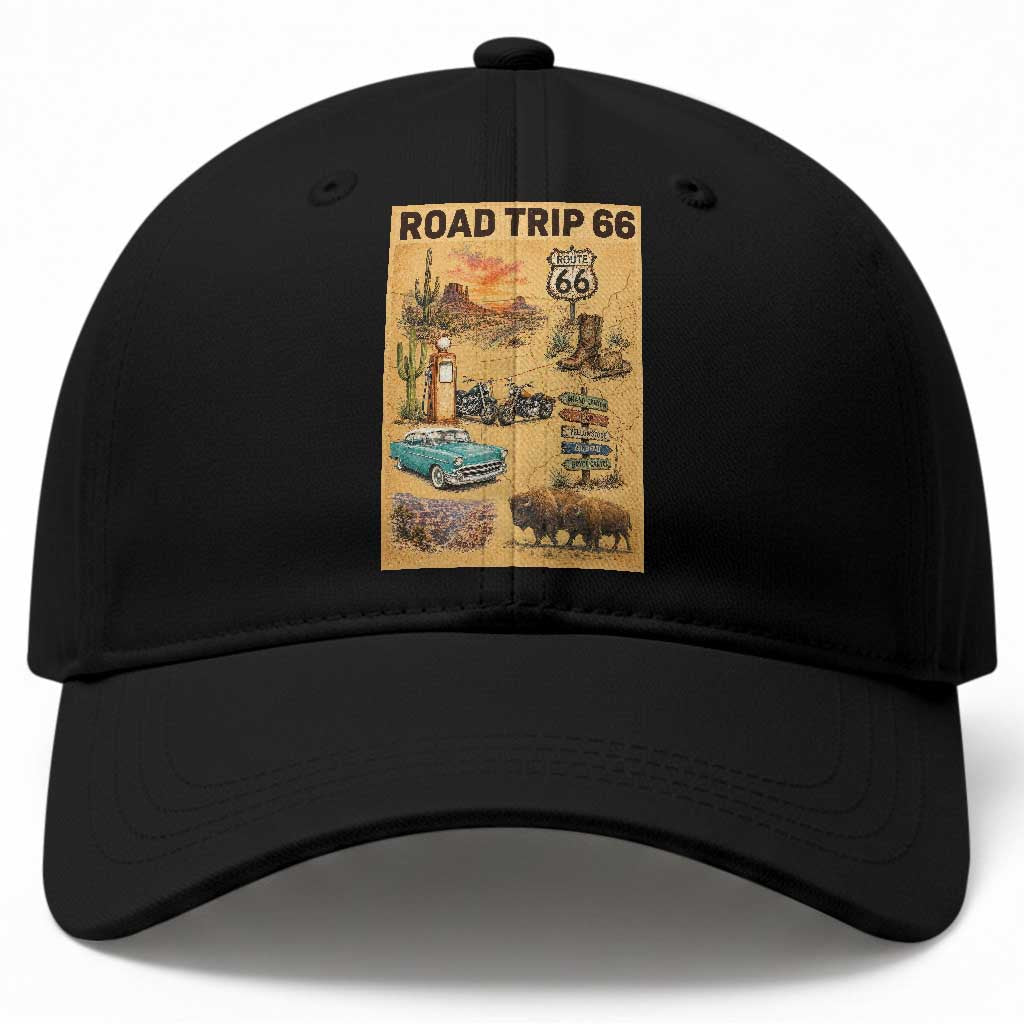 Vintage Route 66 Highway Poster Baseball Cap Open Road Adventure Travel