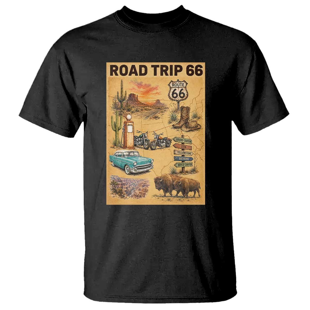Vintage Route 66 Highway Poster T Shirt Open Road Adventure Travel