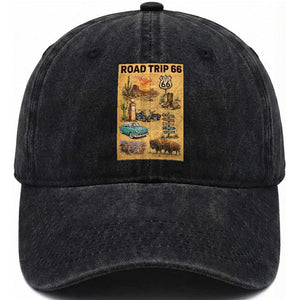 Vintage Route 66 Highway Poster Washed Cotton Baseball Cap Open Road Adventure Travel