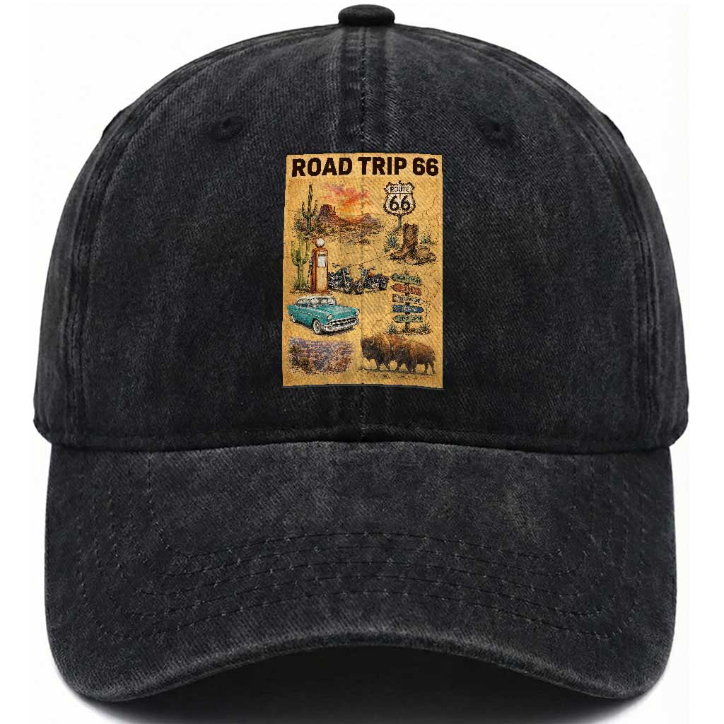 Vintage Route 66 Highway Poster Washed Cotton Baseball Cap Open Road Adventure Travel
