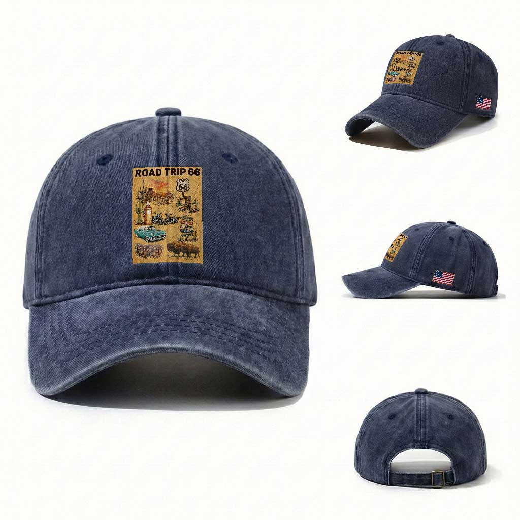 Vintage Route 66 Highway Poster Washed Cotton Baseball Cap Open Road Adventure Travel