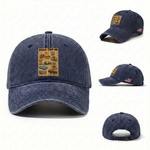Vintage Route 66 Highway Poster Washed Cotton Baseball Cap Open Road Adventure Travel