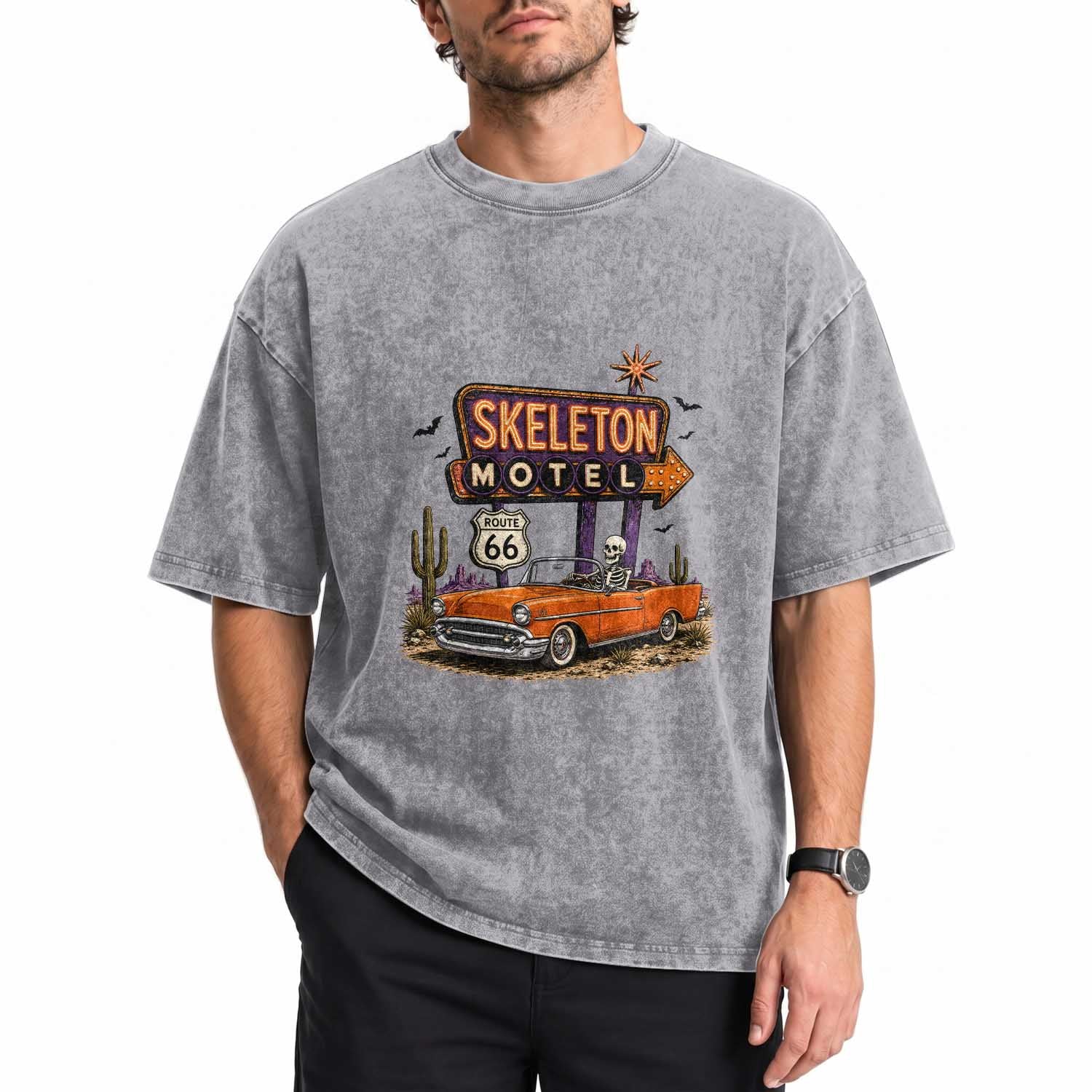 Skeleton Motel Halloween Route Highway 66 Washed Cotton T-Shirt Spooky Road Trip
