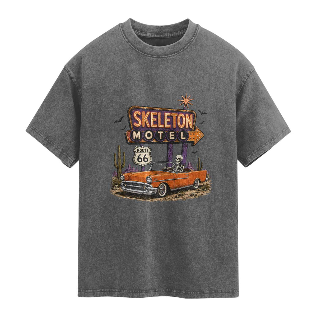 Skeleton Motel Halloween Route Highway 66 Washed Cotton T-Shirt Spooky Road Trip