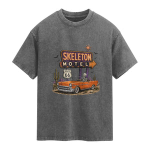 Skeleton Motel Halloween Route Highway 66 Washed Cotton T-Shirt Spooky Road Trip