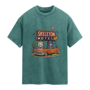 Skeleton Motel Halloween Route Highway 66 Washed Cotton T-Shirt Spooky Road Trip