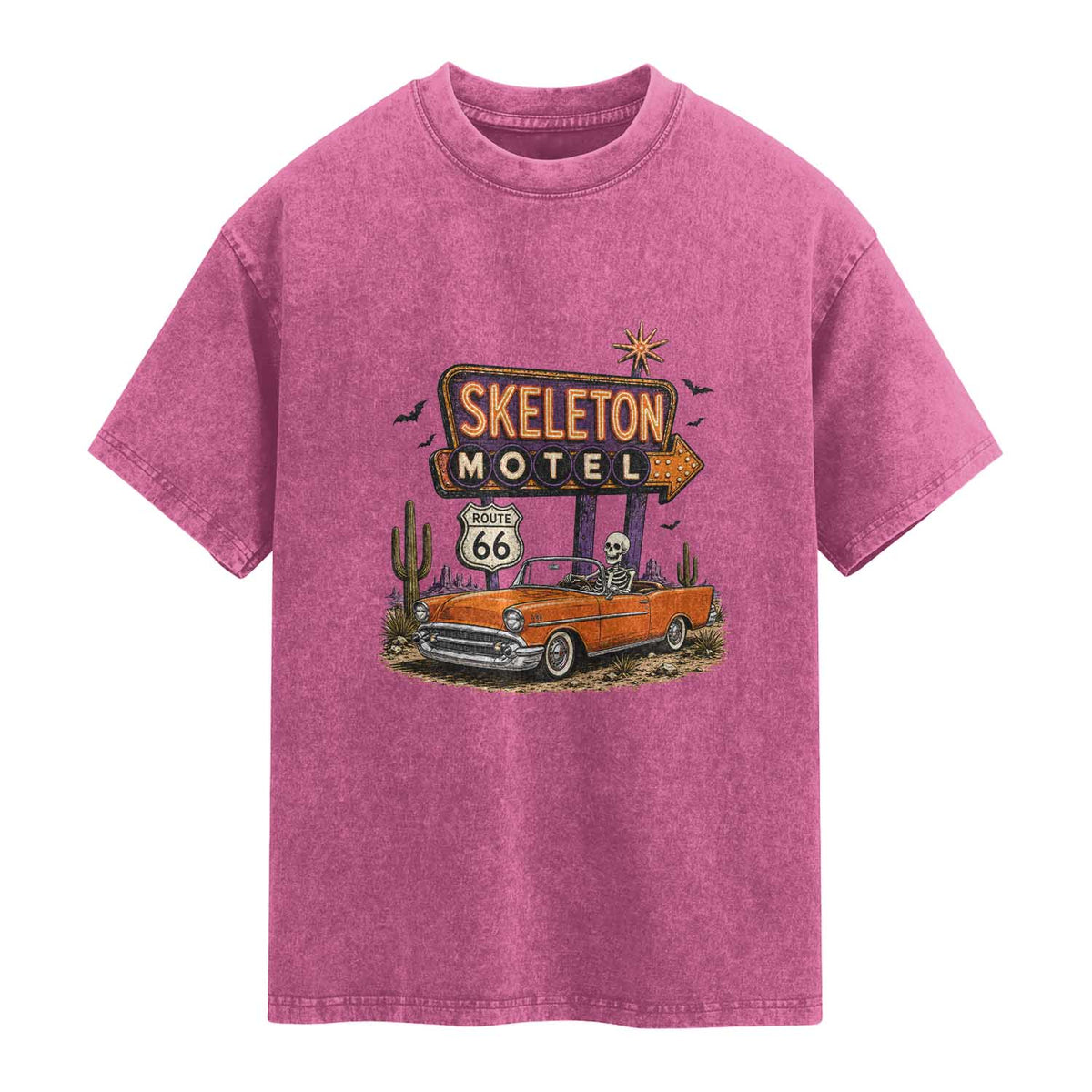 Skeleton Motel Halloween Route Highway 66 Washed Cotton T-Shirt Spooky Road Trip