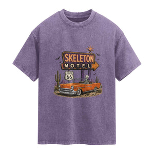 Skeleton Motel Halloween Route Highway 66 Washed Cotton T-Shirt Spooky Road Trip