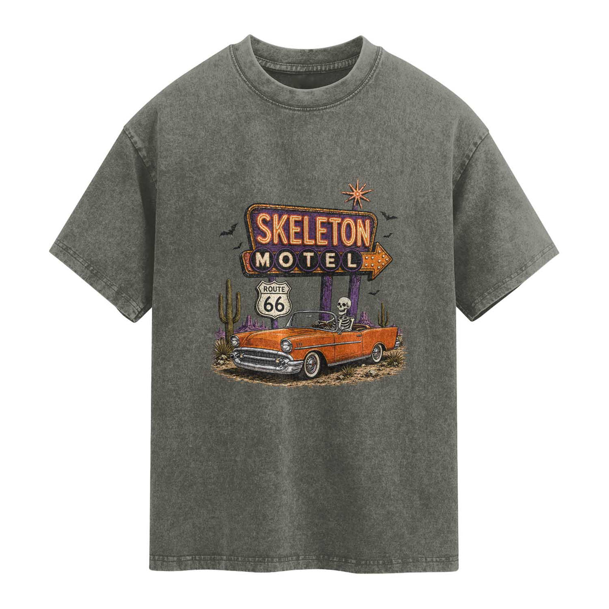 Skeleton Motel Halloween Route Highway 66 Washed Cotton T-Shirt Spooky Road Trip