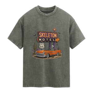 Skeleton Motel Halloween Route Highway 66 Washed Cotton T-Shirt Spooky Road Trip