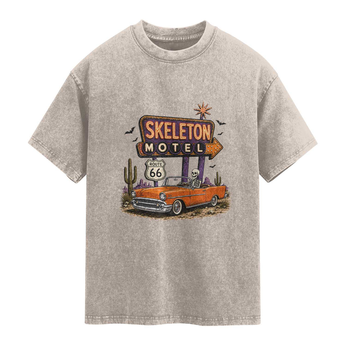Skeleton Motel Halloween Route Highway 66 Washed Cotton T-Shirt Spooky Road Trip