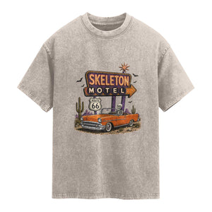 Skeleton Motel Halloween Route Highway 66 Washed Cotton T-Shirt Spooky Road Trip