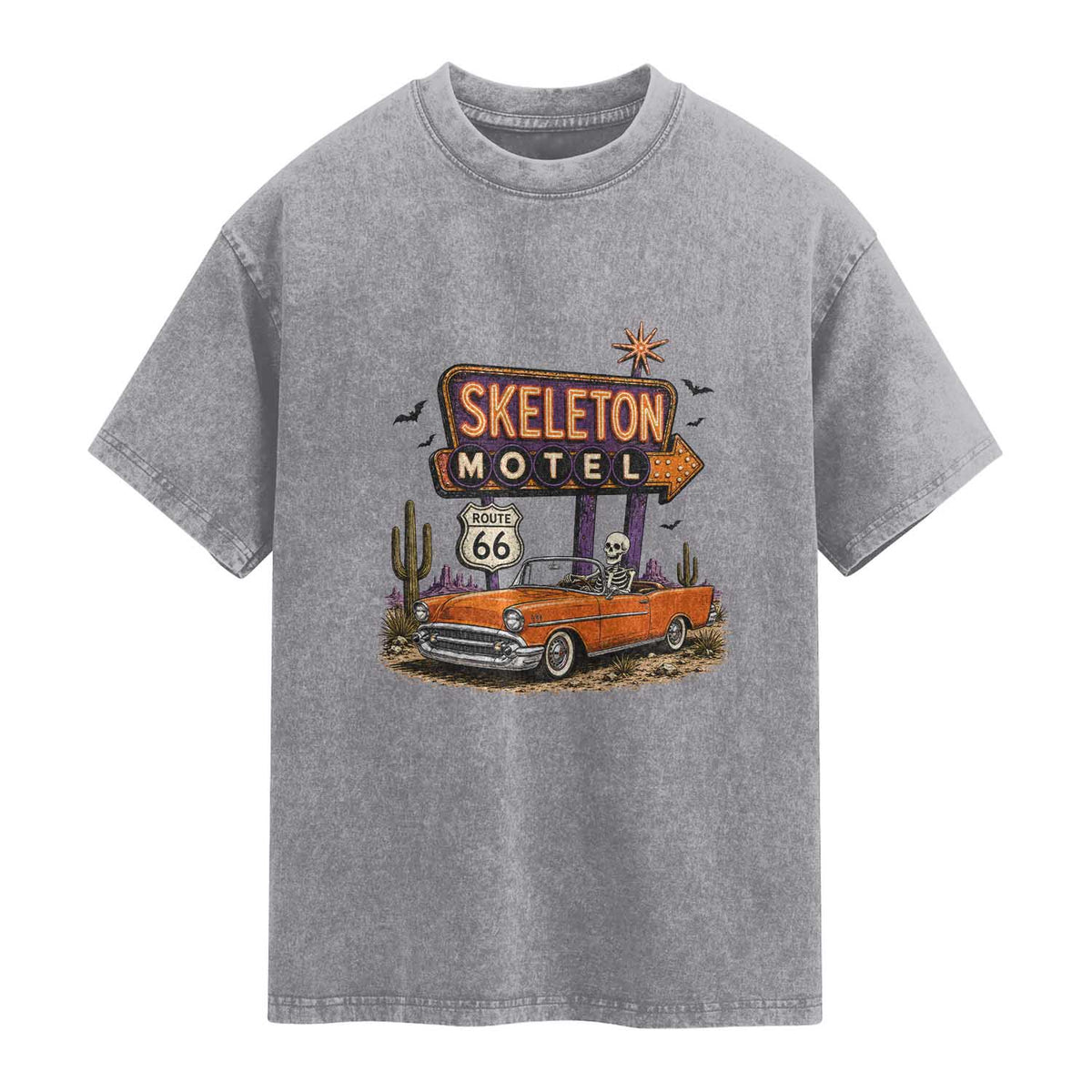 Skeleton Motel Halloween Route Highway 66 Washed Cotton T-Shirt Spooky Road Trip