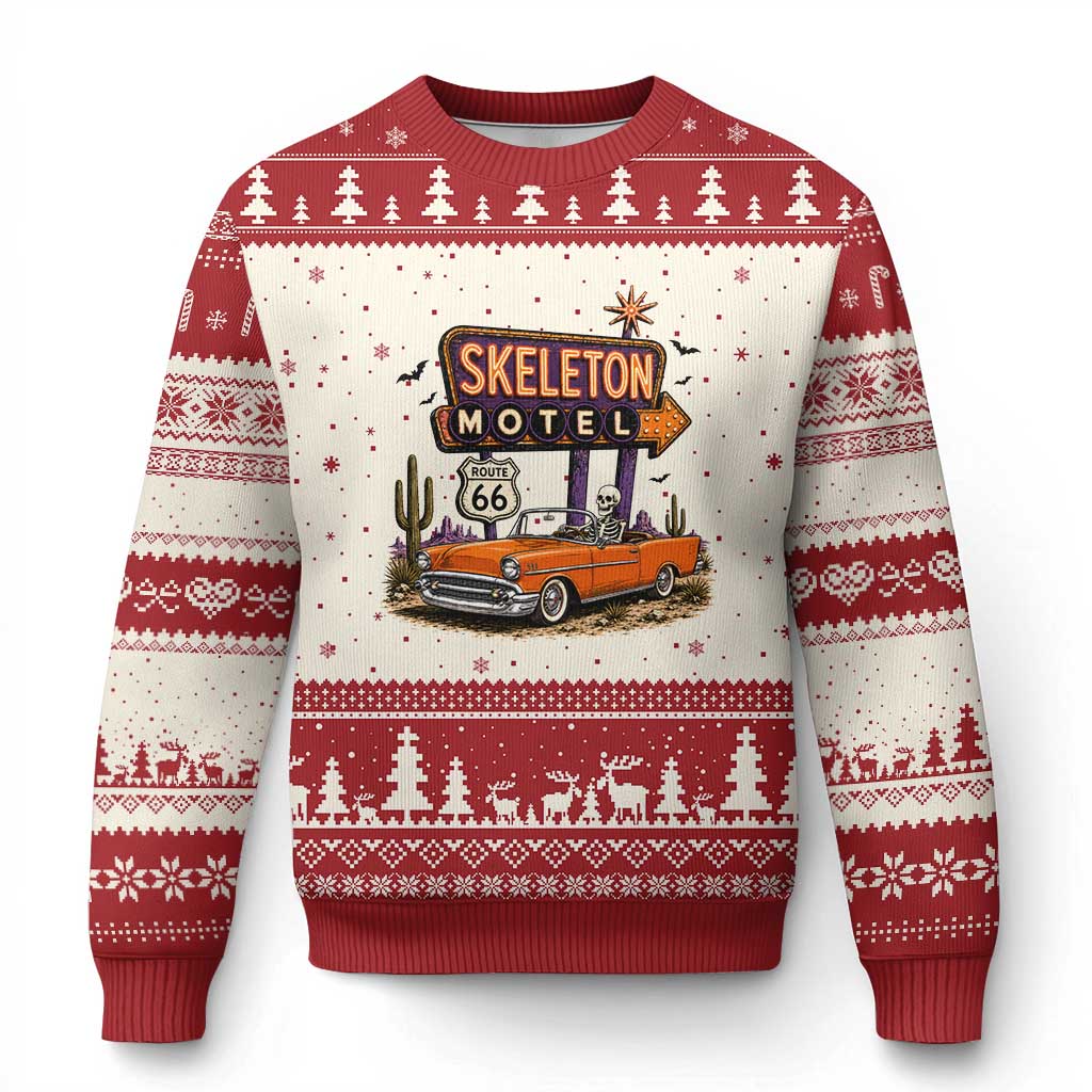 Skeleton Motel Halloween Route Highway 66 Ugly Christmas Sweater Spooky Road Trip