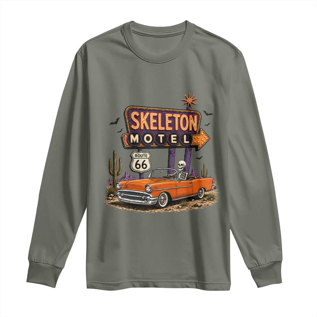 Skeleton Motel Halloween Route Highway 66 Long Sleeve Shirt Spooky Road Trip