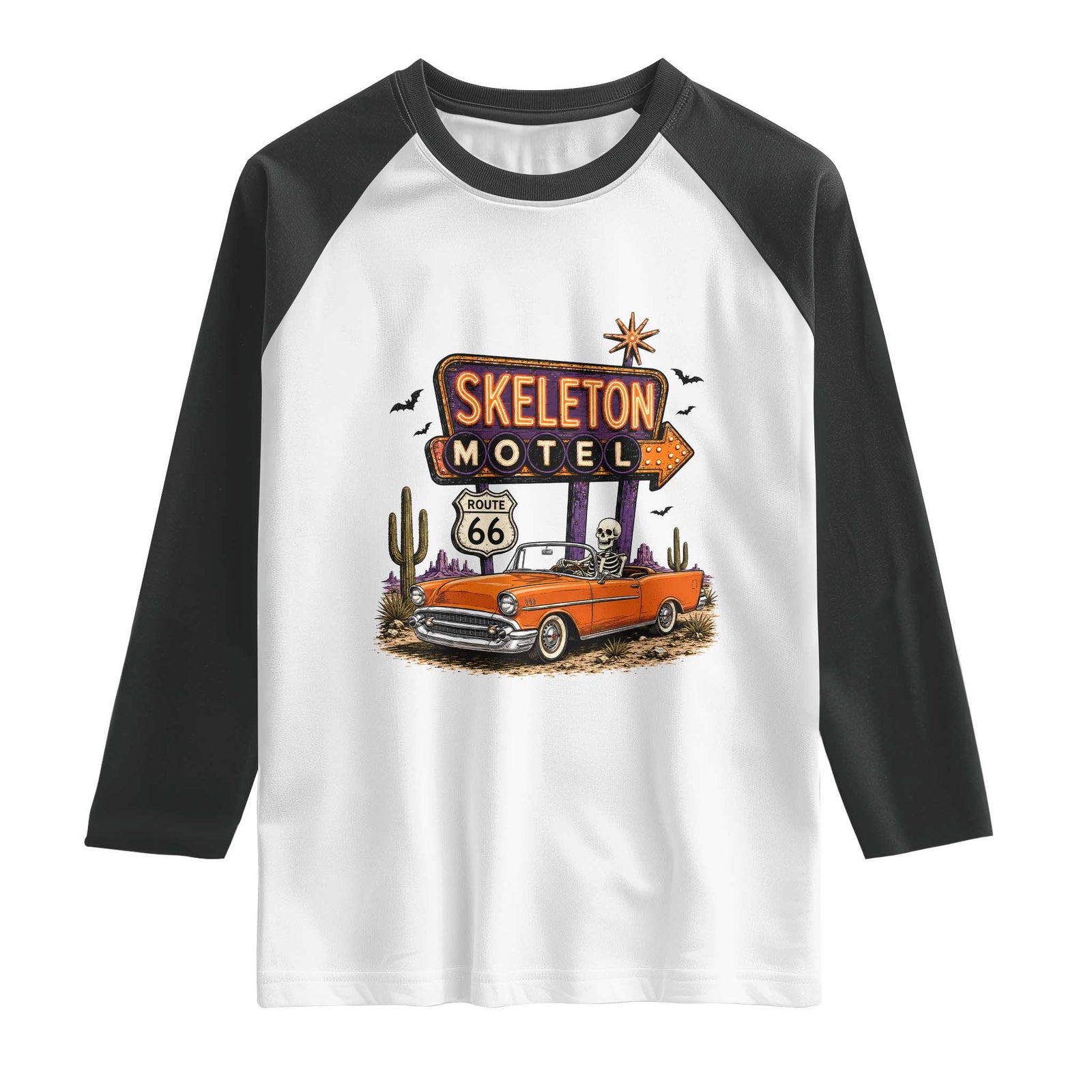 Skeleton Motel Halloween Route Highway 66 Raglan Shirt Spooky Road Trip