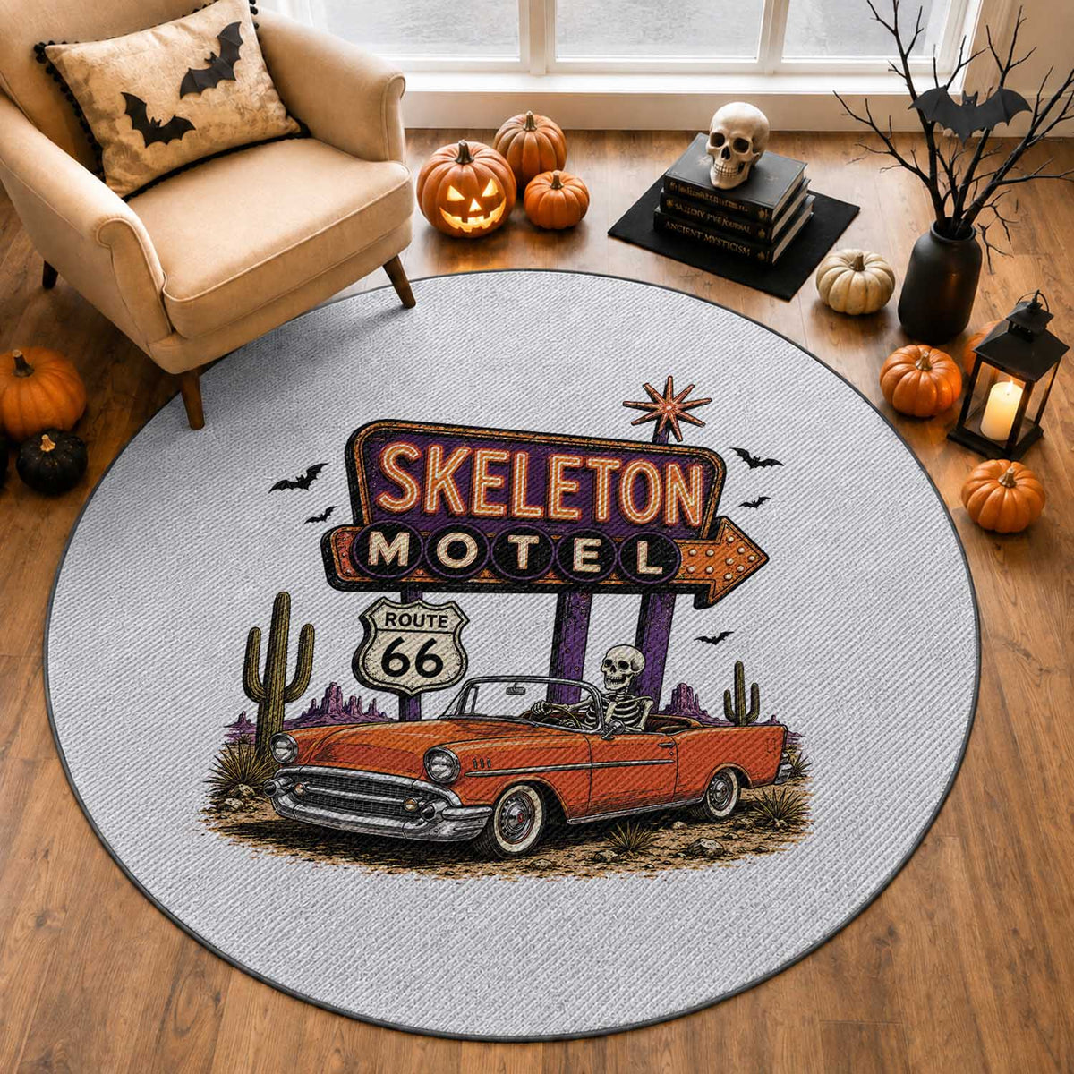 Skeleton Motel Halloween Route Highway 66 Round Rug Spooky Road Trip