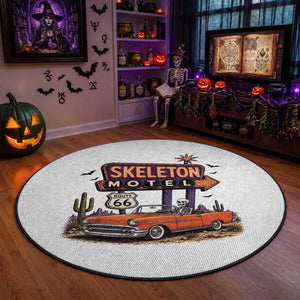 Skeleton Motel Halloween Route Highway 66 Round Rug Spooky Road Trip