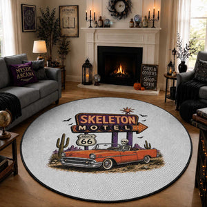 Skeleton Motel Halloween Route Highway 66 Round Rug Spooky Road Trip