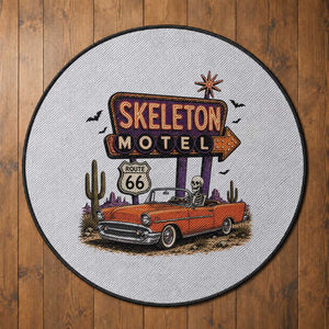 Skeleton Motel Halloween Route Highway 66 Round Rug Spooky Road Trip