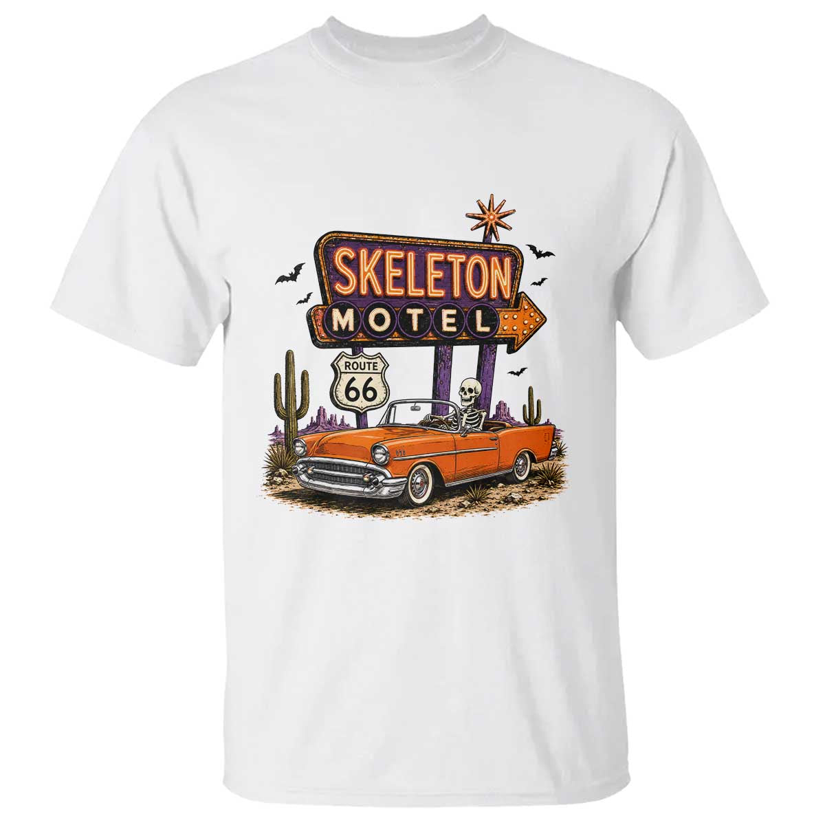 Skeleton Motel Halloween Route Highway 66 T Shirt Spooky Road Trip
