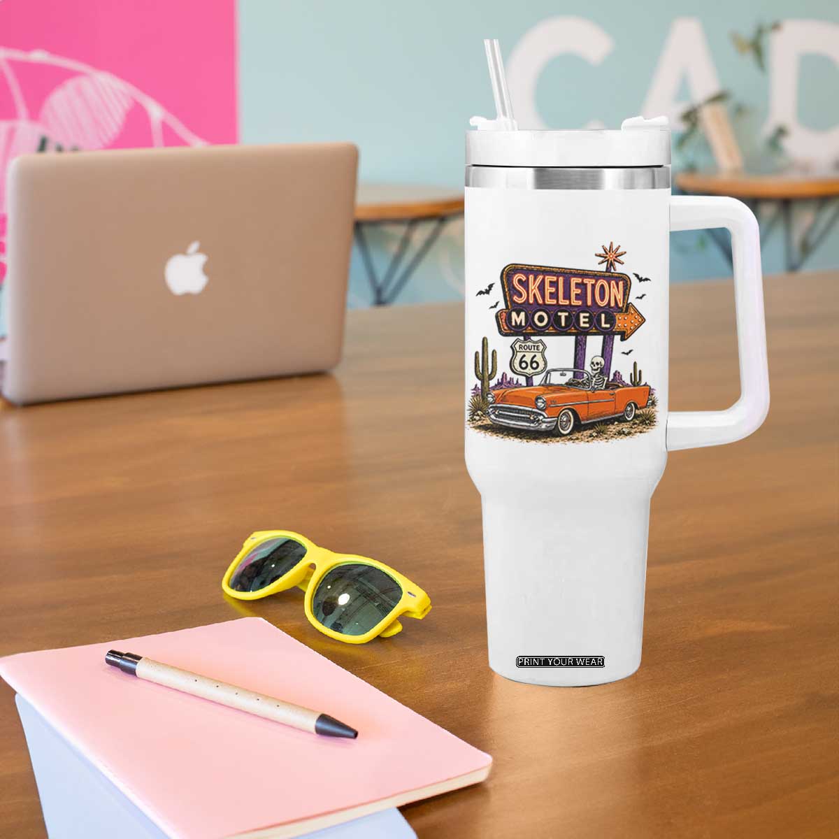 Skeleton Motel Halloween Route Highway 66 Tumbler With Handle Spooky Road Trip