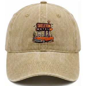 Skeleton Motel Halloween Route Highway 66 Washed Cotton Baseball Cap Spooky Road Trip