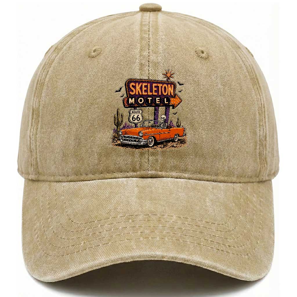 Skeleton Motel Halloween Route Highway 66 Washed Cotton Baseball Cap Spooky Road Trip