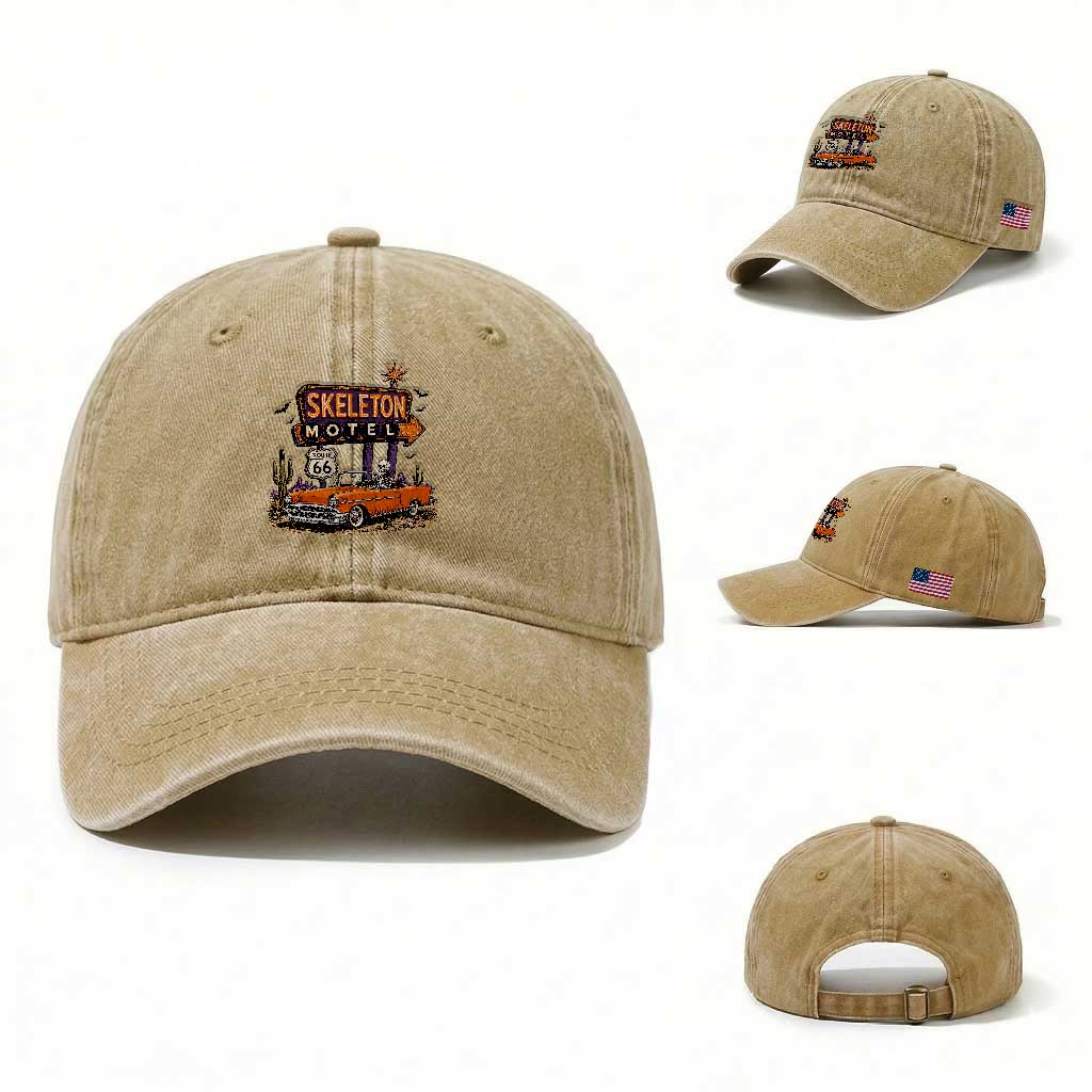 Skeleton Motel Halloween Route Highway 66 Washed Cotton Baseball Cap Spooky Road Trip