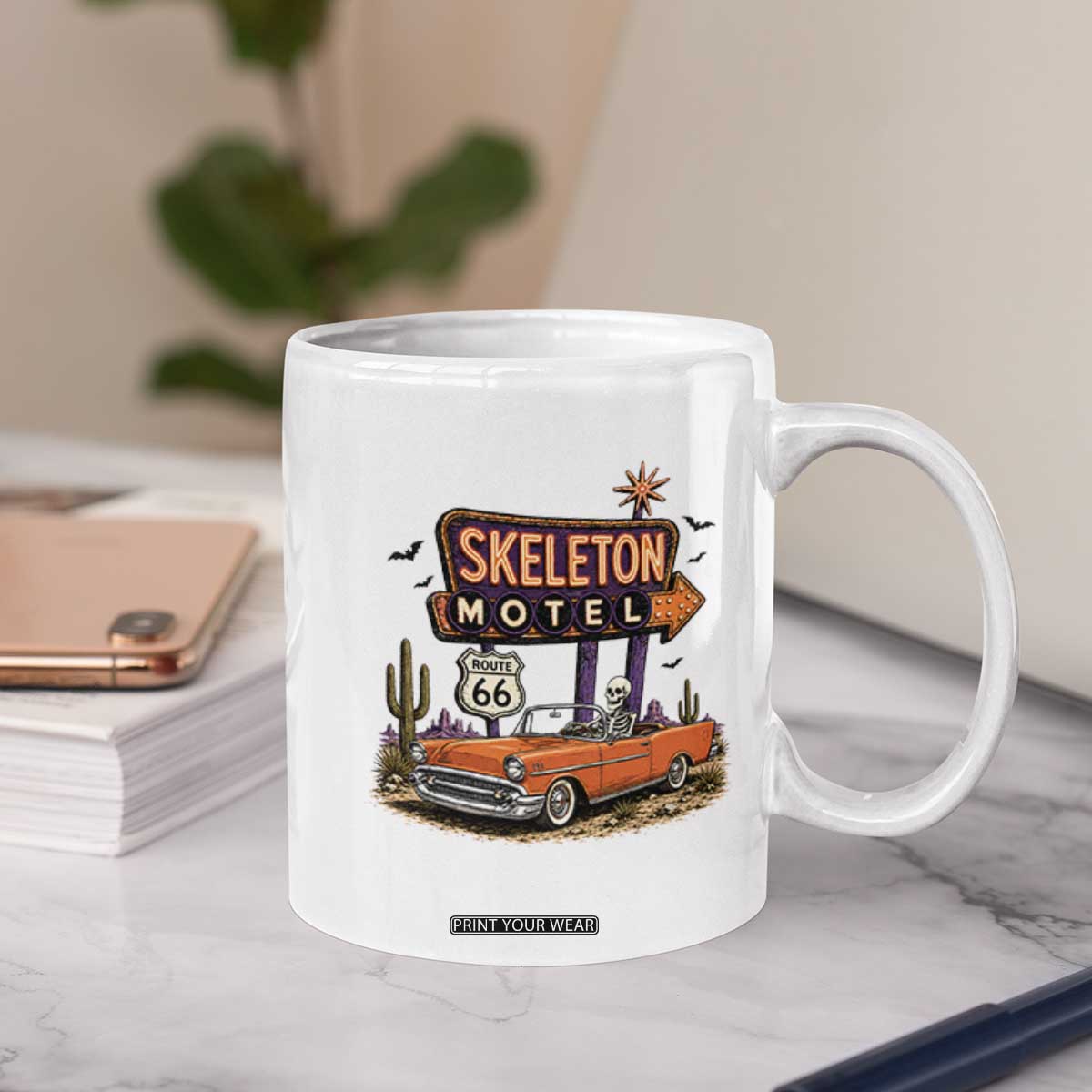 Skeleton Motel Halloween Route Highway 66 Coffee Mug Spooky Road Trip