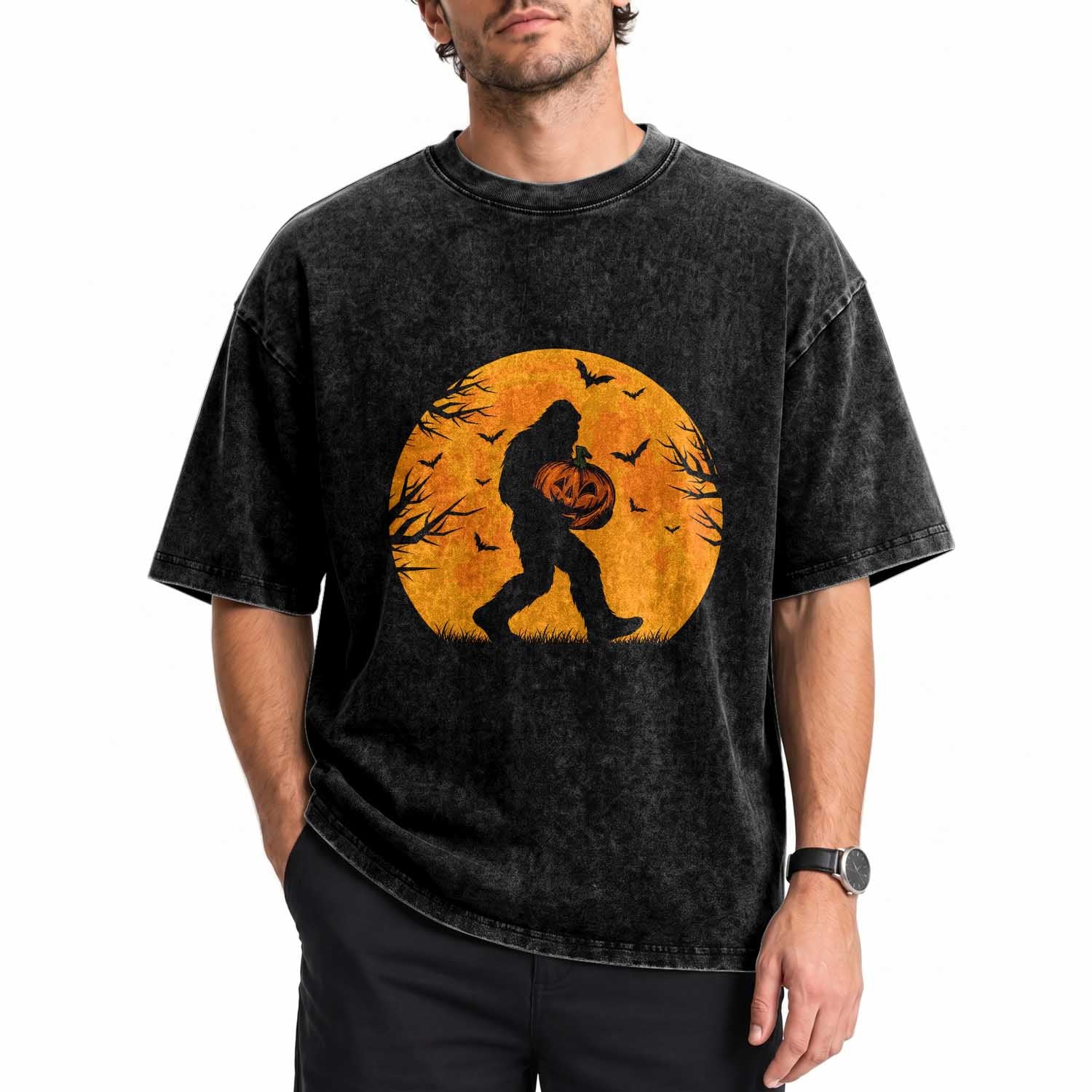 Funny Halloween Bigfoot Pumpkin Washed Cotton T-Shirt Spooky Cryptid Autumn Gift