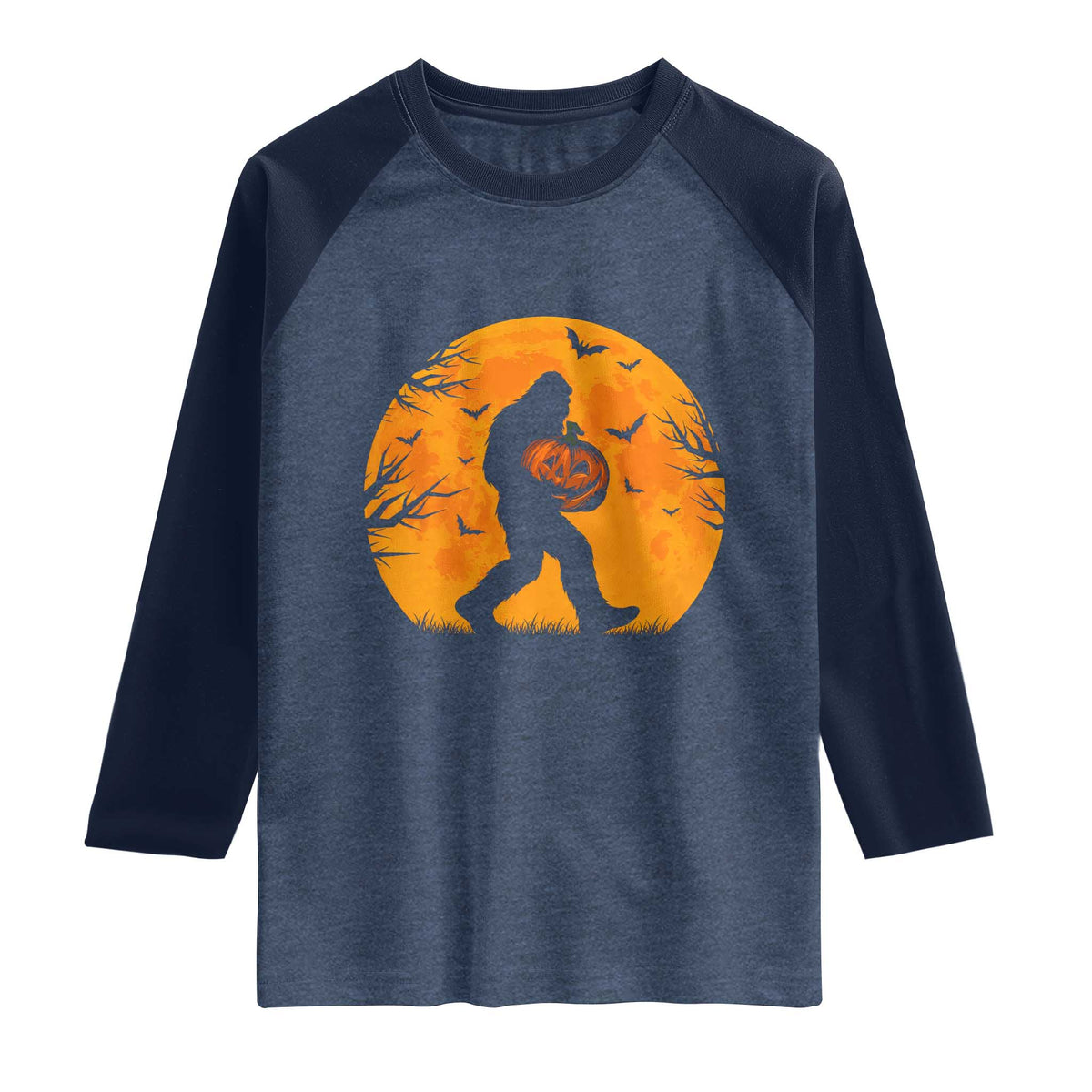 Funny Halloween Bigfoot Pumpkin Raglan Shirt Spooky Cryptid Autumn Gift