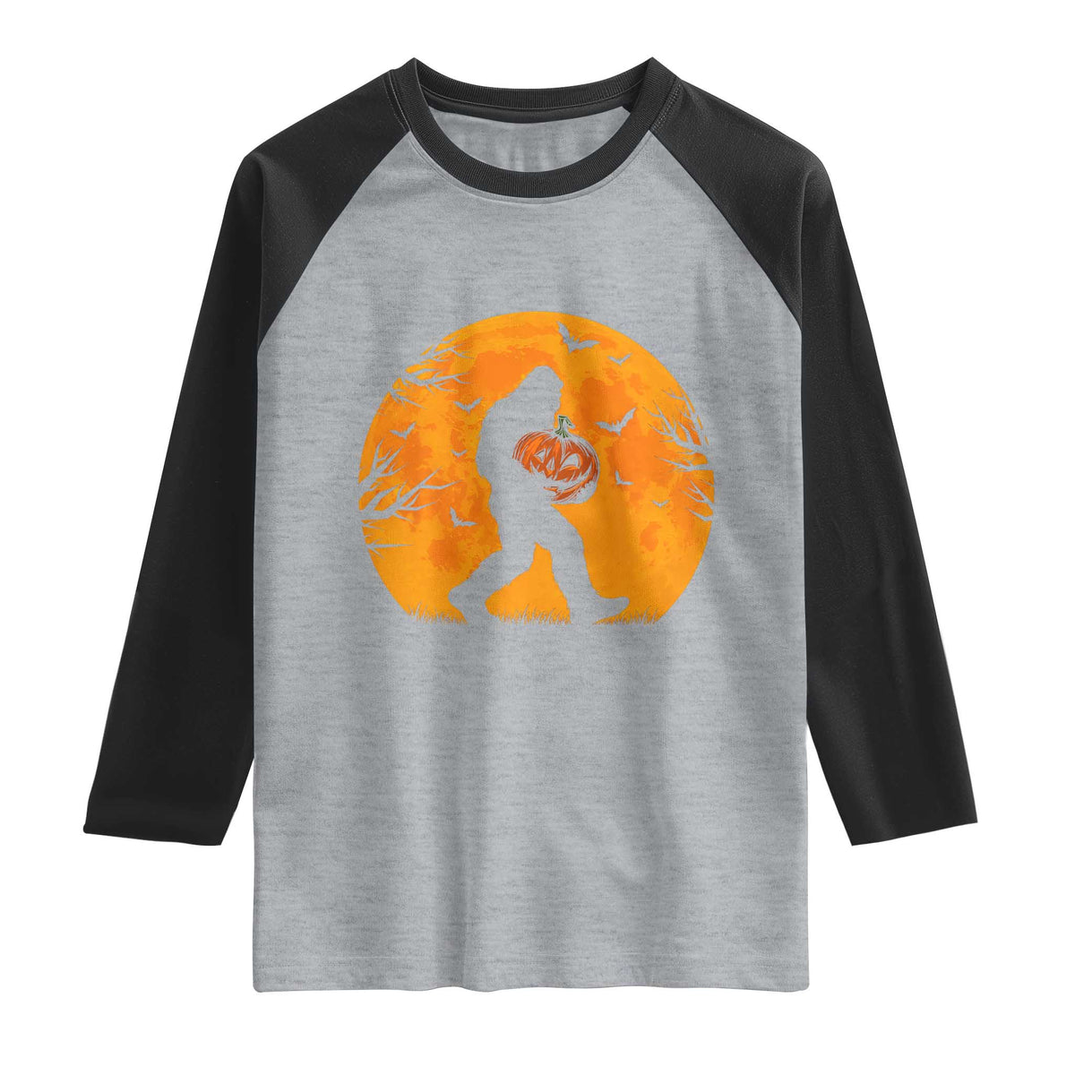 Funny Halloween Bigfoot Pumpkin Raglan Shirt Spooky Cryptid Autumn Gift