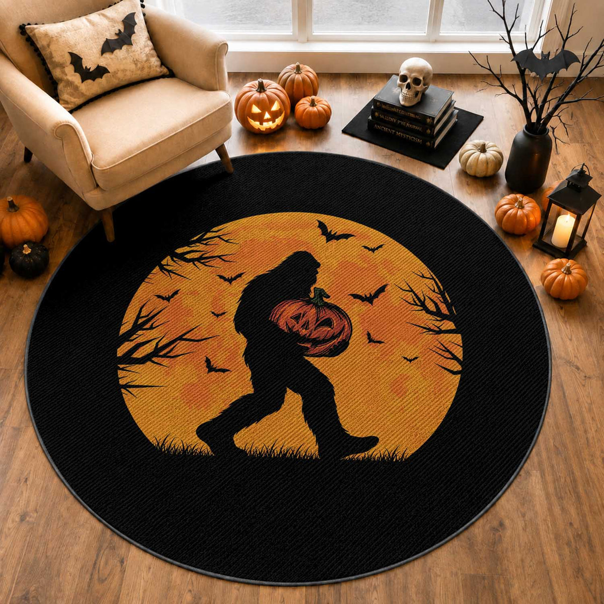 Funny Halloween Bigfoot Pumpkin Round Rug Spooky Cryptid Autumn Gift