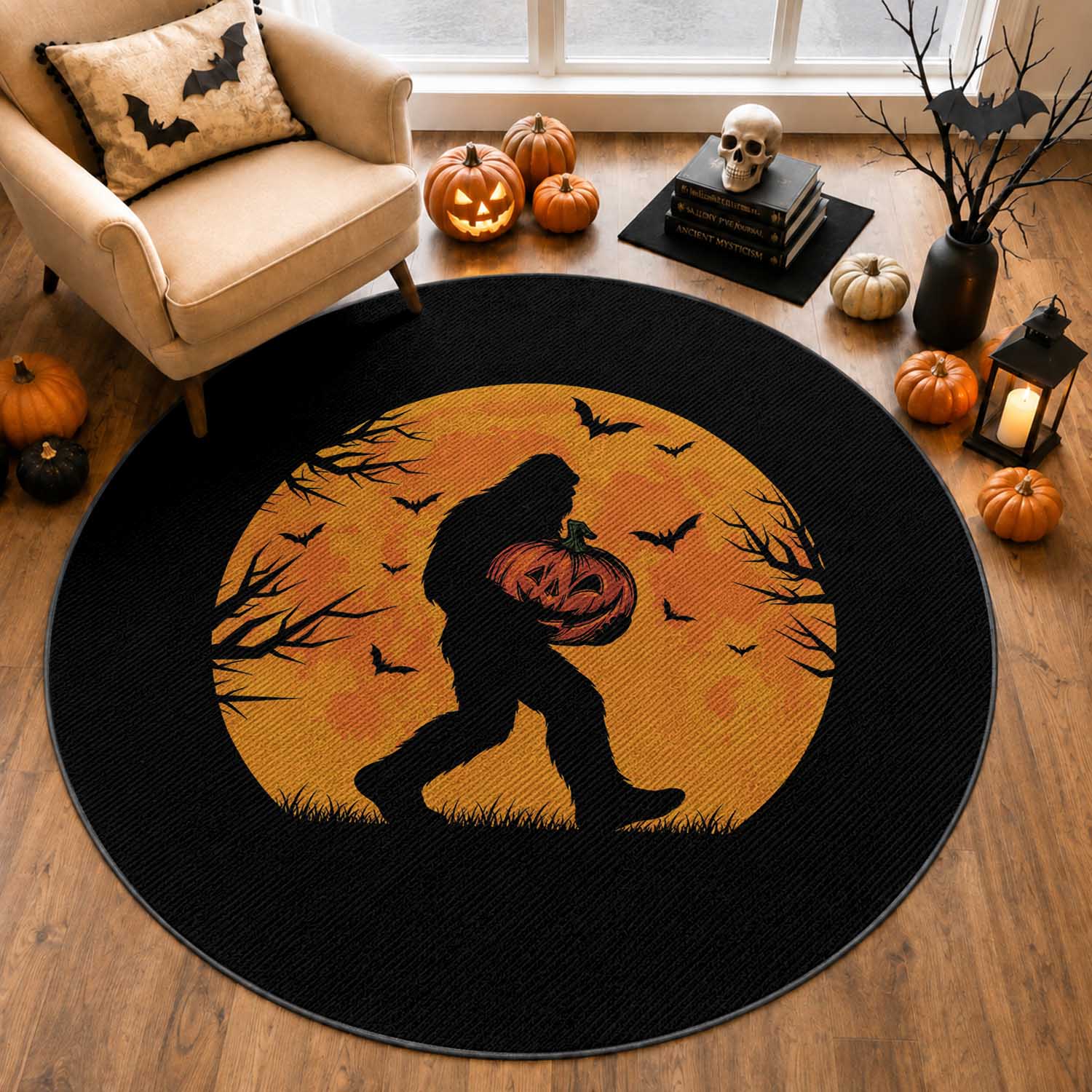 Funny Halloween Bigfoot Pumpkin Round Rug Spooky Cryptid Autumn Gift