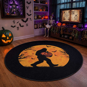 Funny Halloween Bigfoot Pumpkin Round Rug Spooky Cryptid Autumn Gift